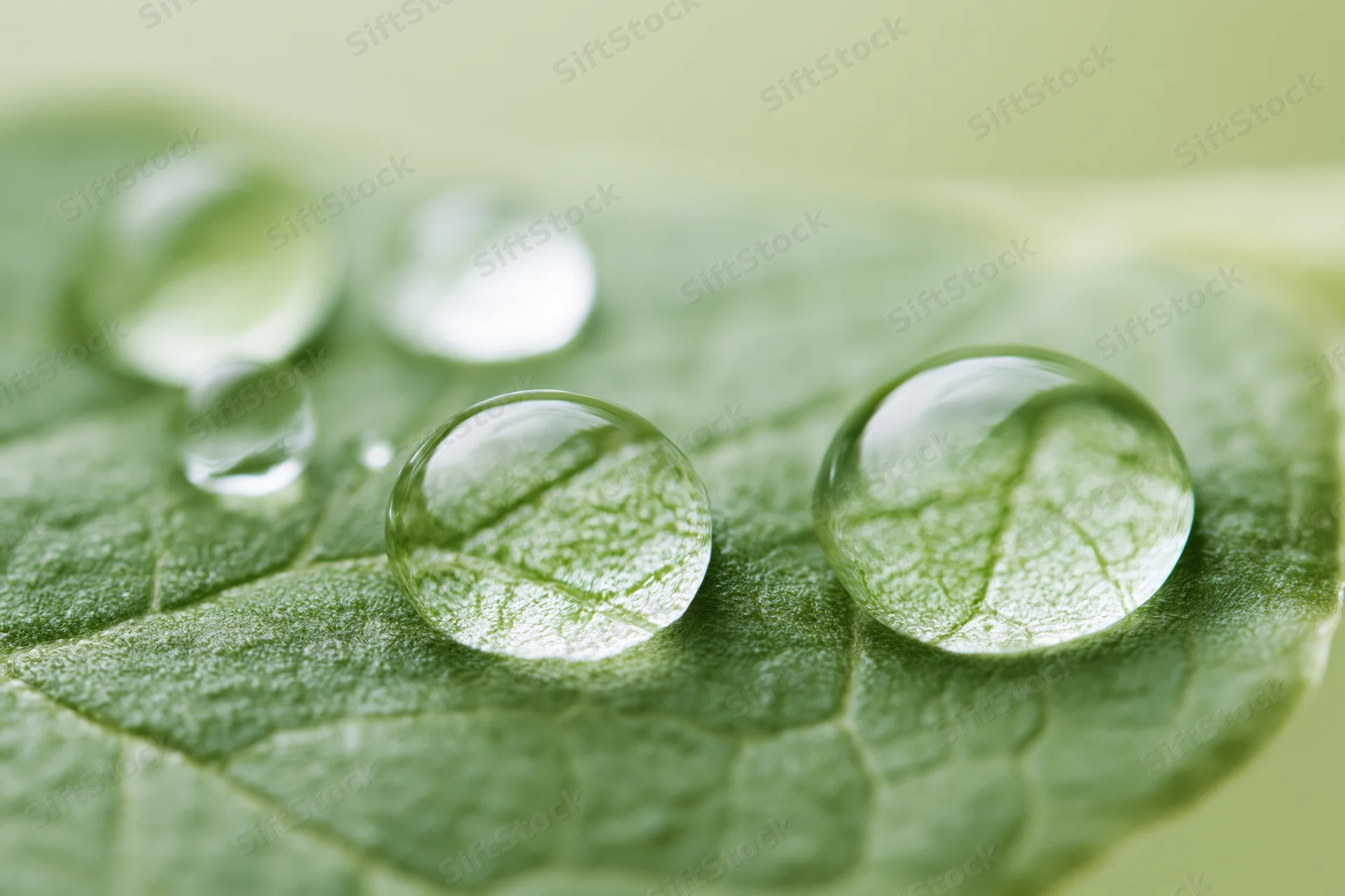 Water droplets resting on a green leaf surface with visible veins and reflections