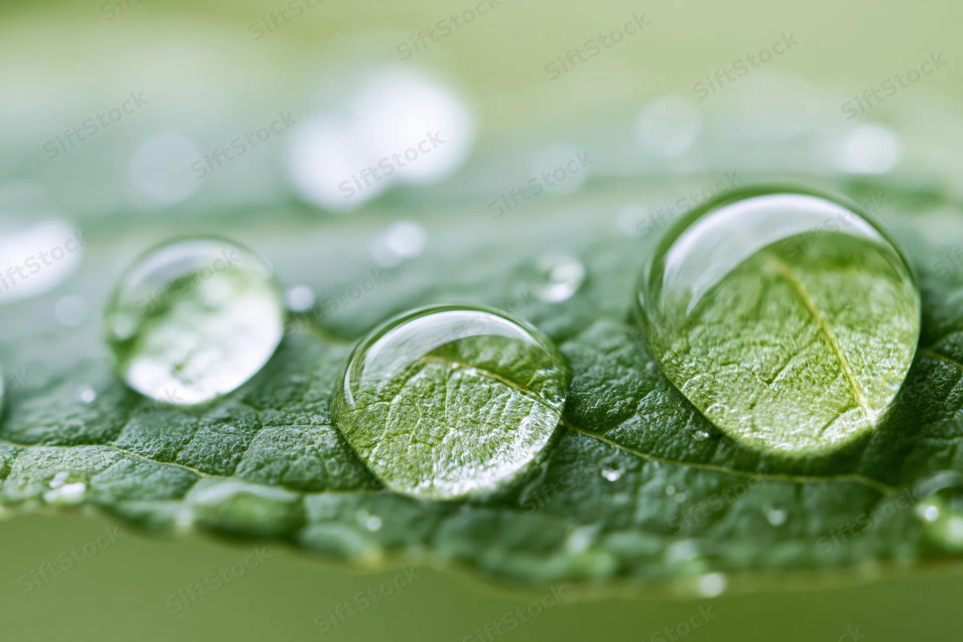 Water droplets resting on a green leaf surface in macro view