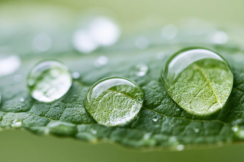 Water droplets resting on a green leaf surface in macro view