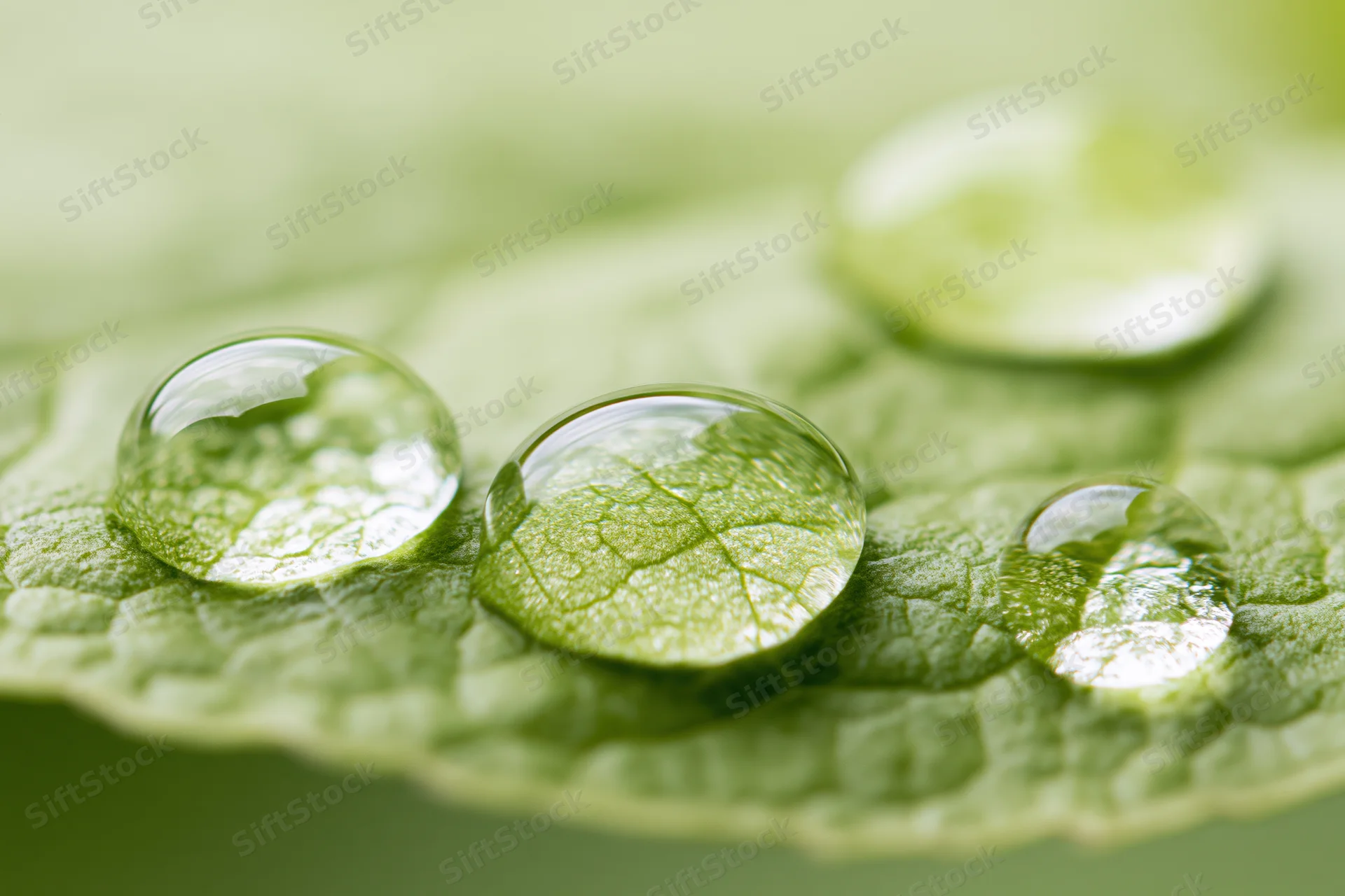 Water droplets resting on a green leaf surface in macro closeup