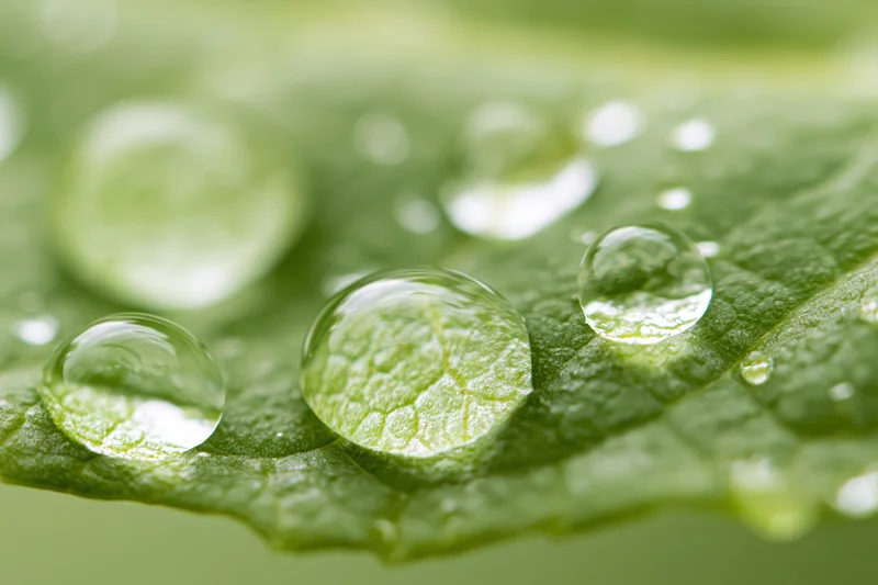 Water droplets resting on a green leaf surface in macro view