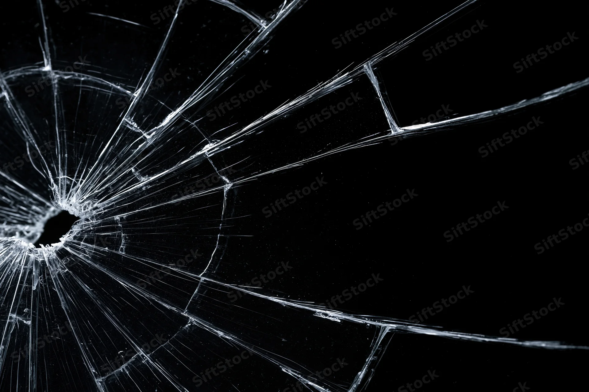 Shattered glass surface with radiating cracks against black background