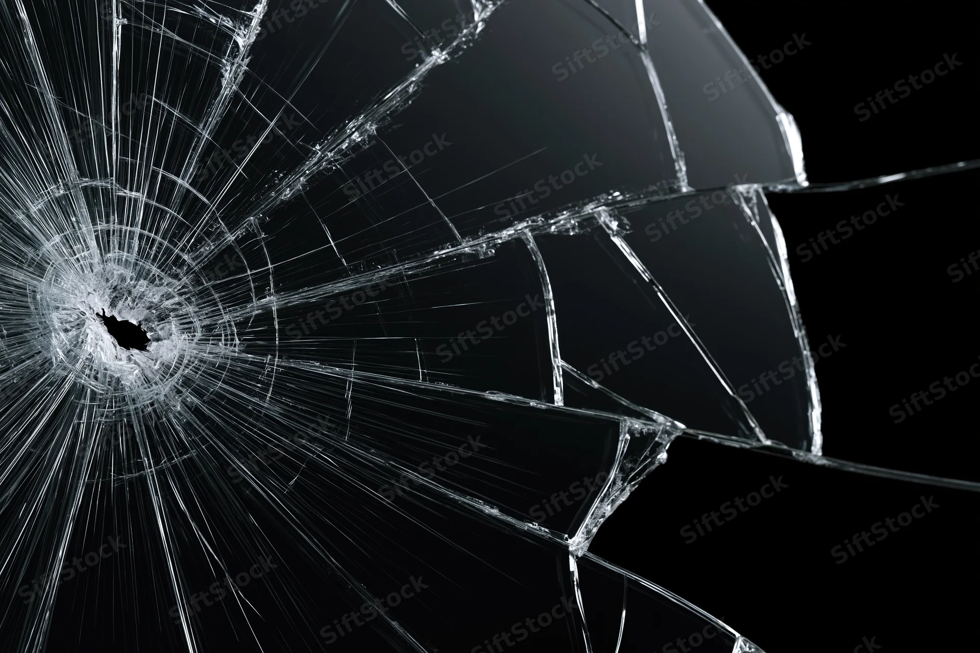 Shattered glass surface with radiating cracks and central hole against black background