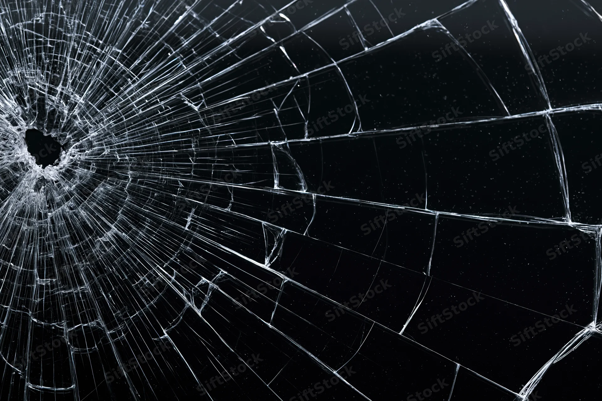 Shattered glass surface with radiating cracks from a central impact point against a dark background