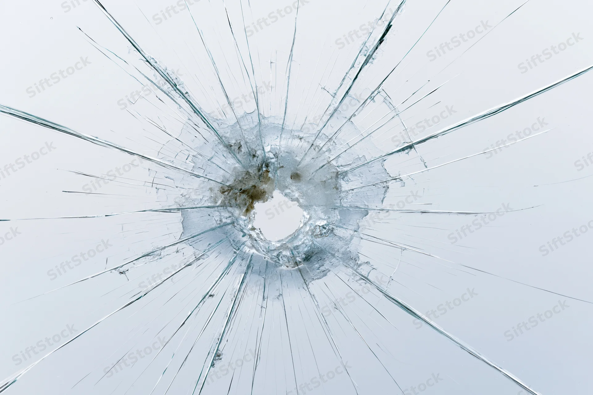 Shattered glass with radial cracks emanating from central impact hole