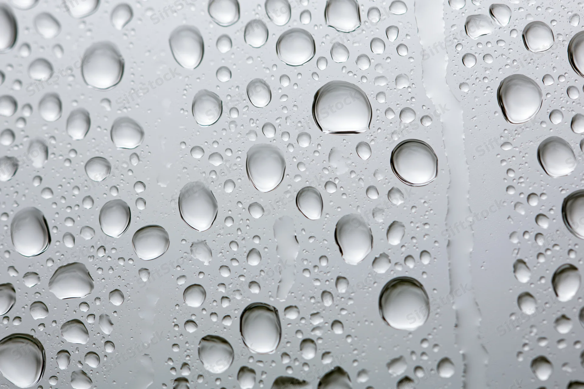 Water droplets clinging to a glass surface in a close-up macro view