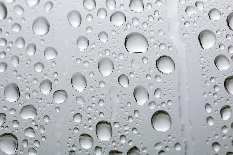 Water droplets clinging to a glass surface in a close-up macro view