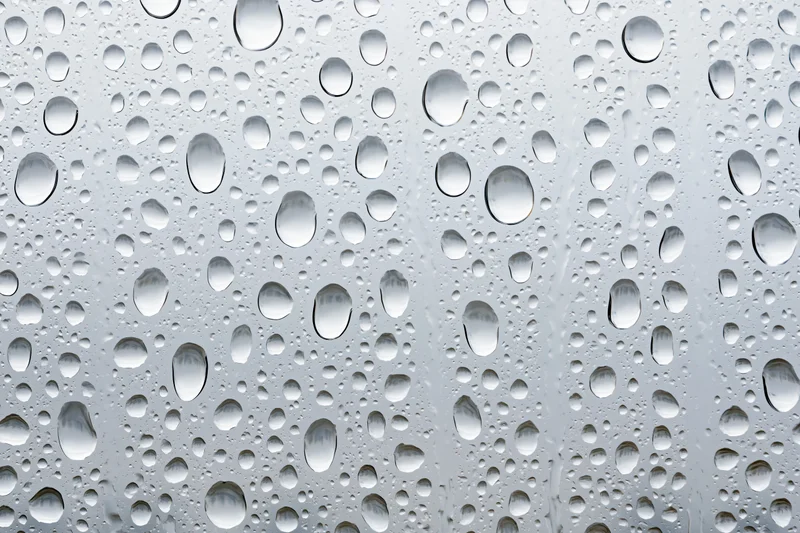 Water droplets clinging to a glass surface in a close-up macro view