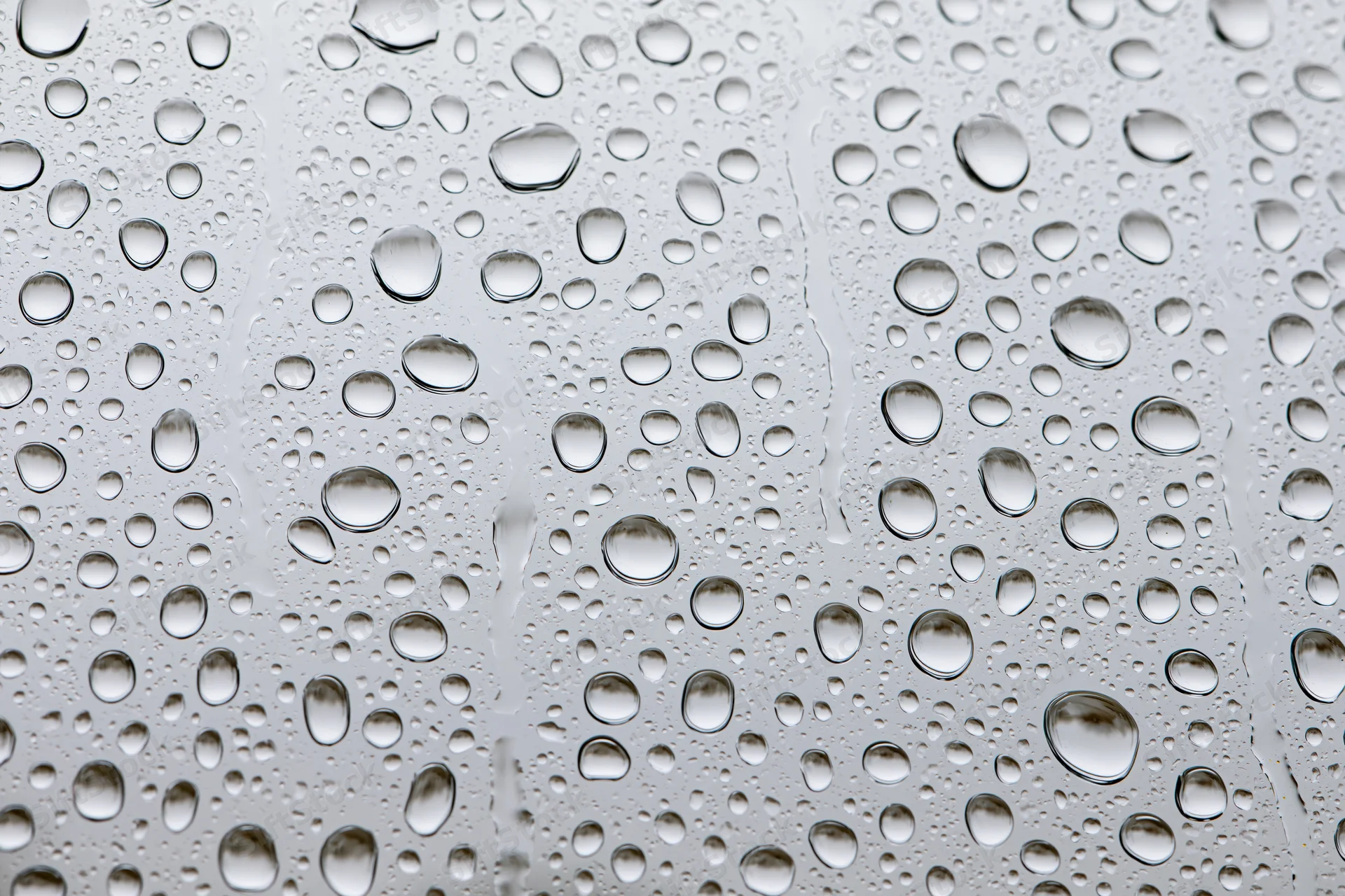 Water droplets clinging to a glass surface in a close-up macro view