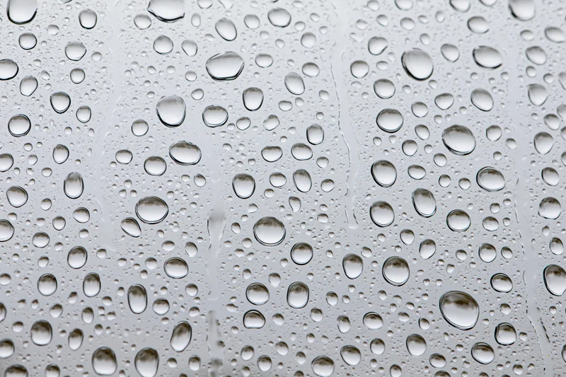 Water droplets clinging to a glass surface in a close-up macro view