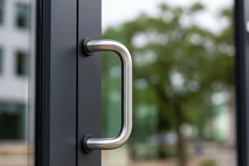 Brushed stainless steel pull handle mounted on a black door frame with glass and blurred greenery in the background