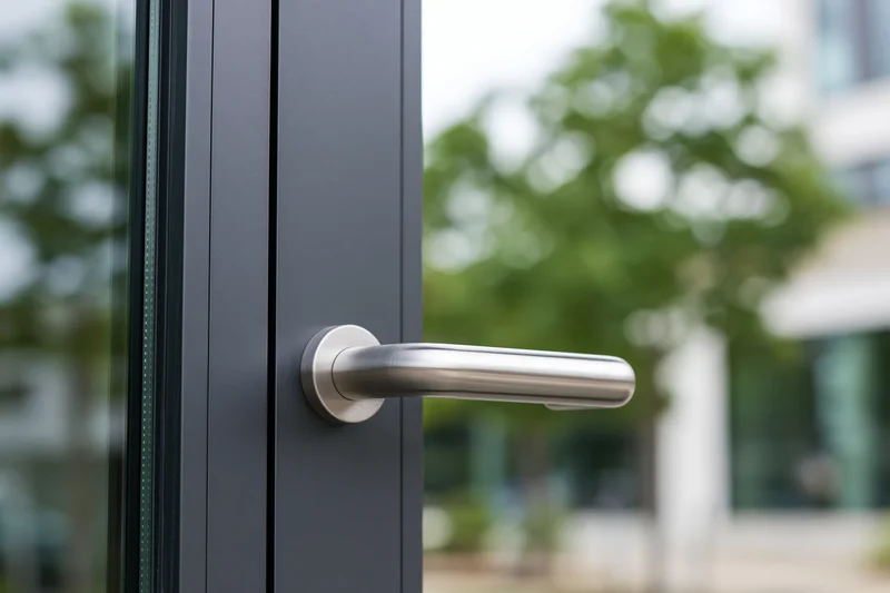 Brushed stainless steel door handle mounted on a dark gray frame with glass panel, set against blurred green foliage outside