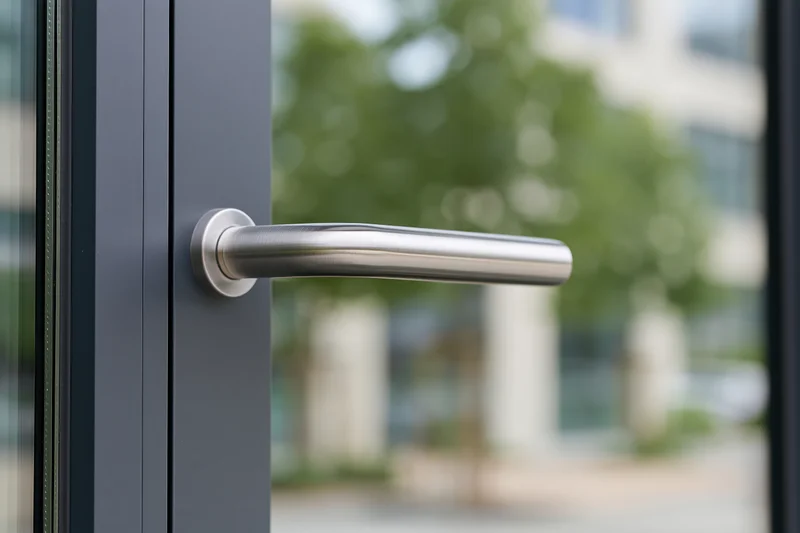Brushed stainless steel pull handle mounted on a dark gray door frame with glass panel and blurred outdoor background
