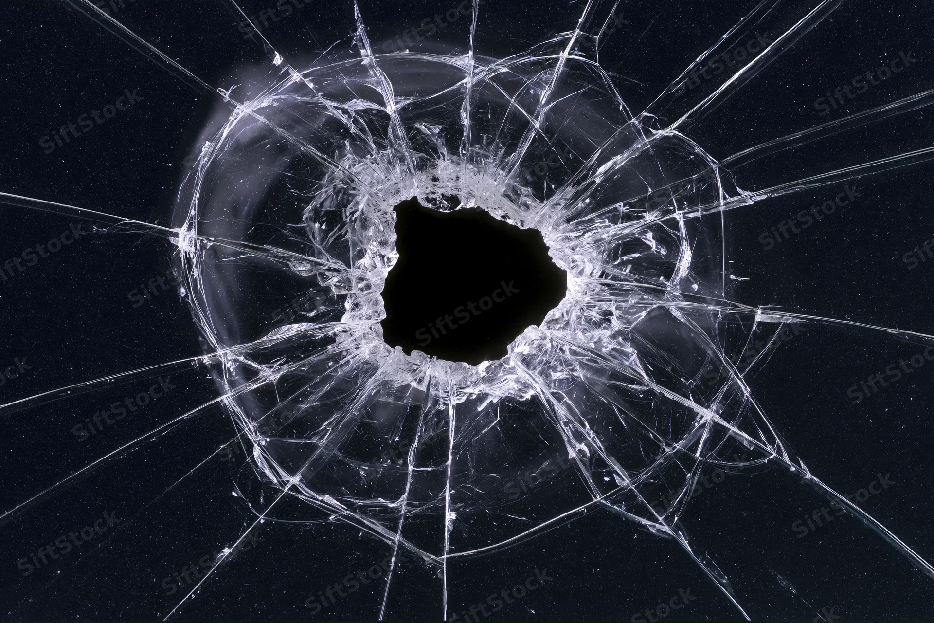 Close-up of a bullet hole in a dark glass pane with radiating cracks