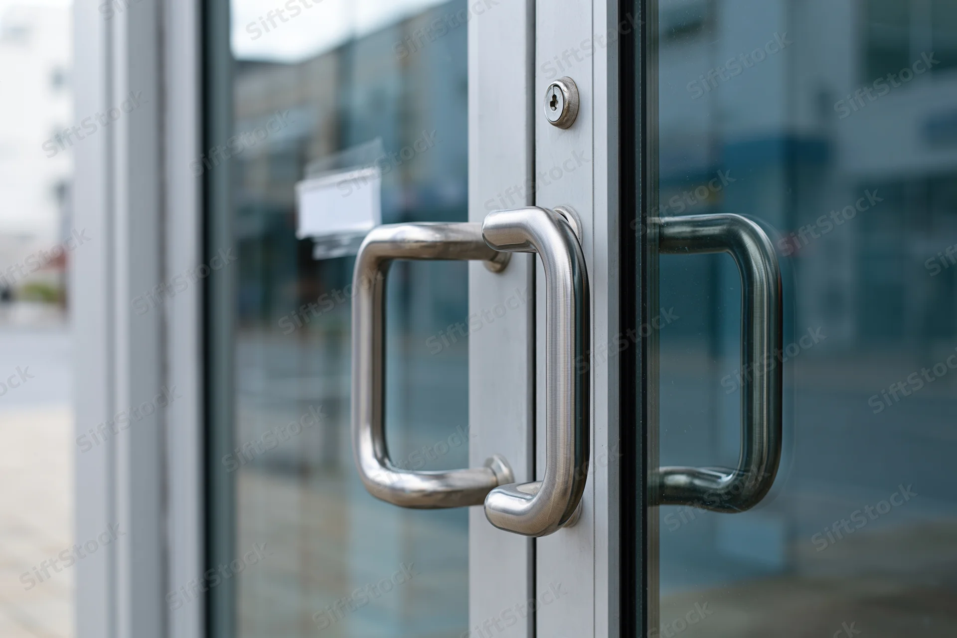 Close-up of a commercial glass door with brushed aluminum handles and a keyhole lock on the exterior frame