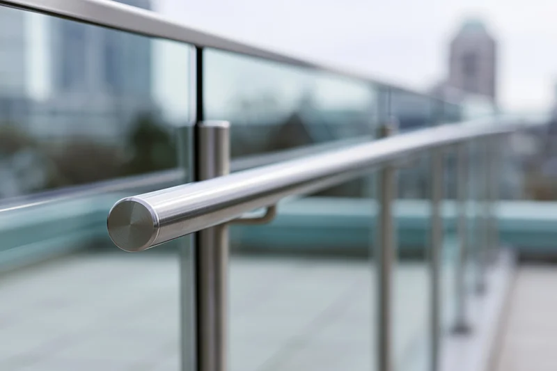 Close-up of a modern glass balcony railing with a brushed stainless steel handrail and vertical posts, set against a blurred cityscape background