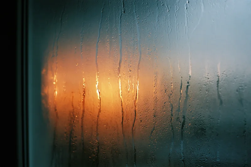 Rain-streaked window glass with condensation and warm light glow from inside the room