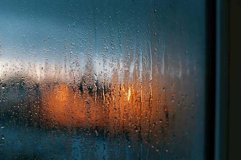 Rain-streaked window glass with condensation droplets showing blurred city lights at twilight
