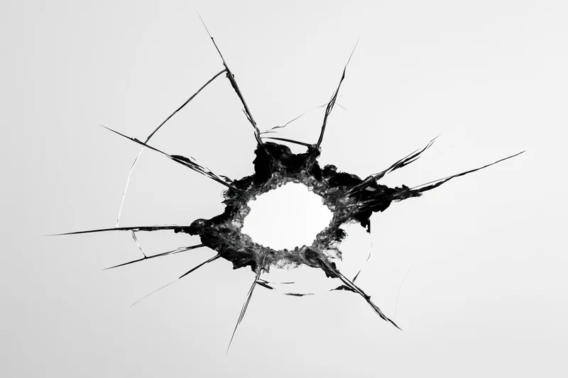 Close-up of a shattered glass bullet hole with jagged cracks radiating from the center