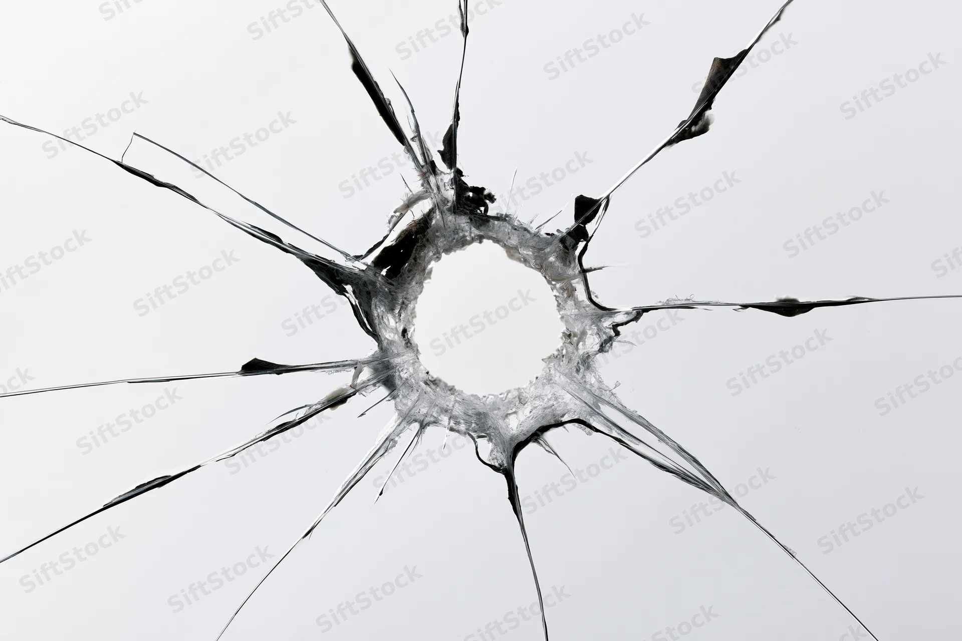 Close-up of a bullet hole in shattered glass with radial cracks radiating outward