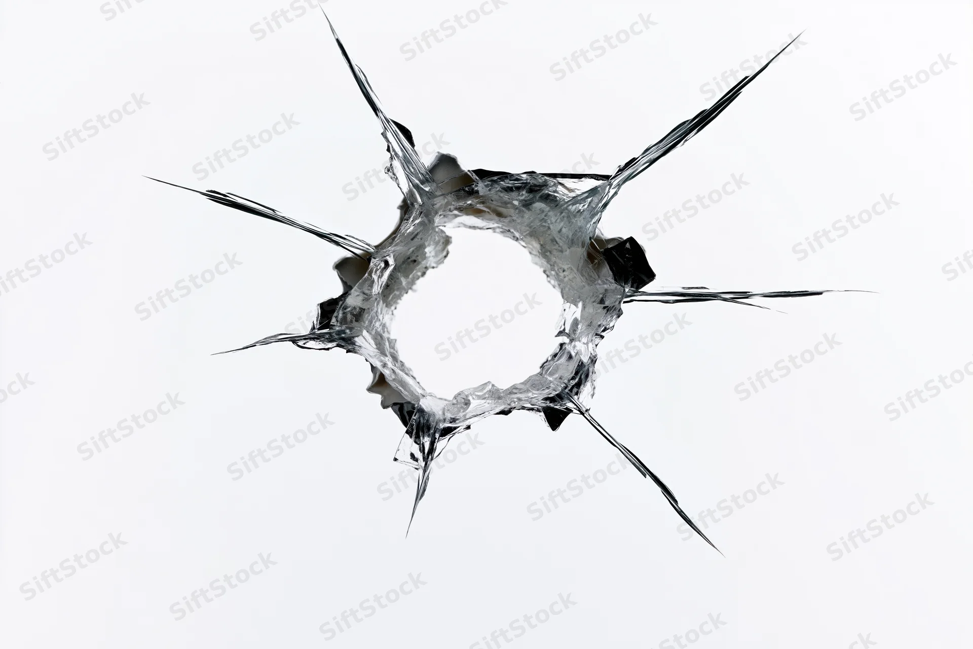 Close-up of a shattered glass bullet hole with jagged cracks on a white background