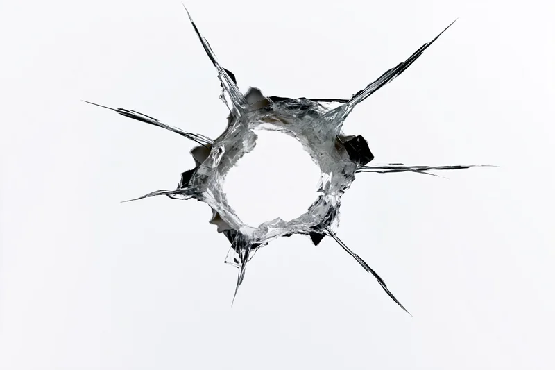 Close-up of a shattered glass bullet hole with jagged cracks on a white background