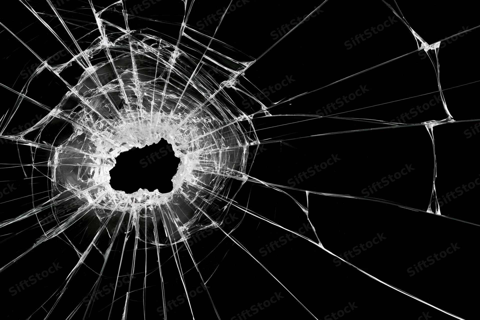Shattered glass pane with central impact hole and radiating cracks against black background