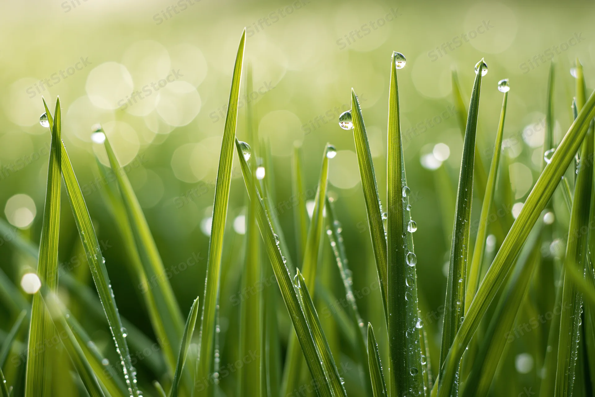 Close-up of fresh green grass blades covered in dew droplets with bokeh background