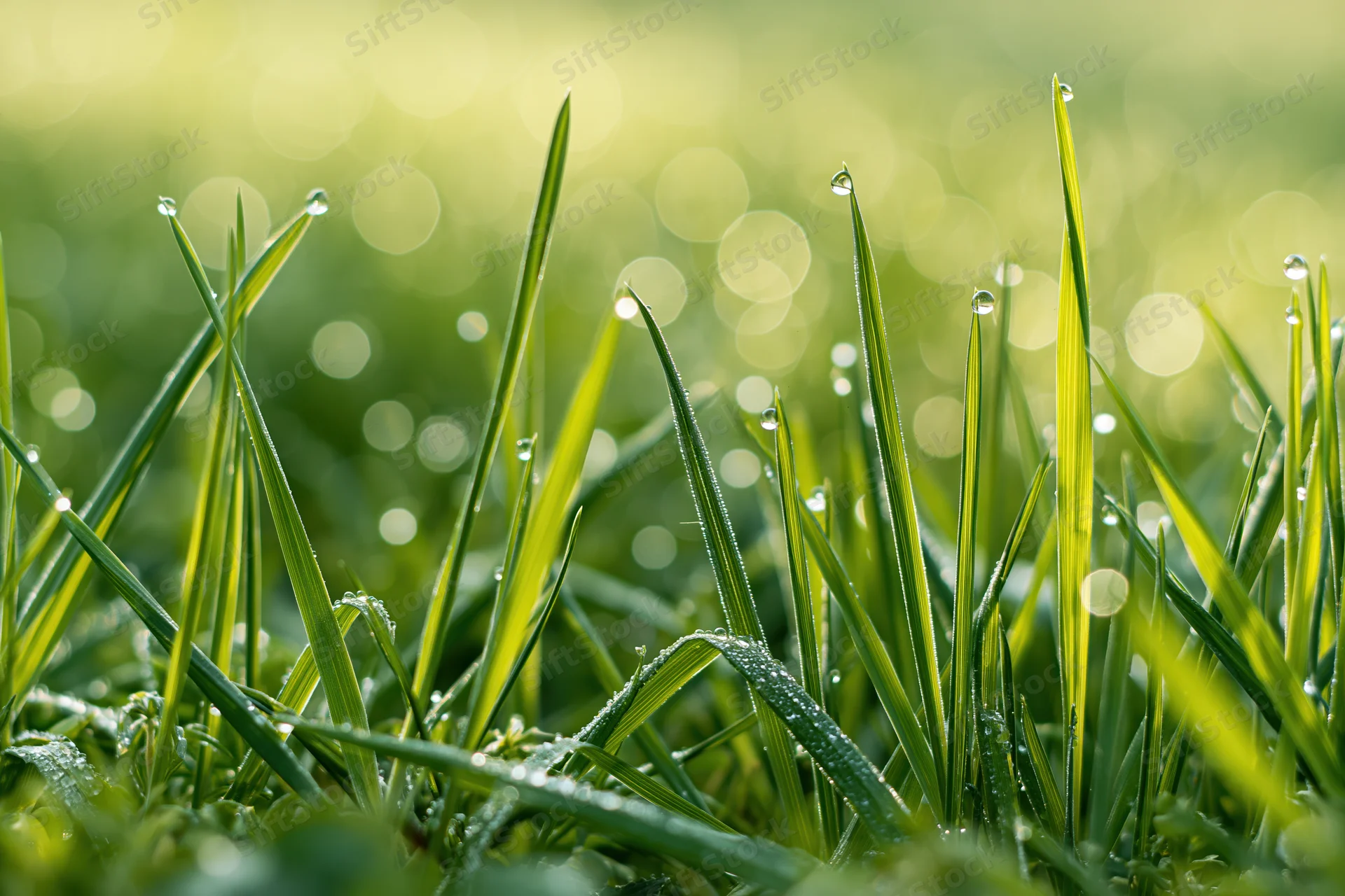 Close-up of green grass blades covered in dew drops under morning sunlight