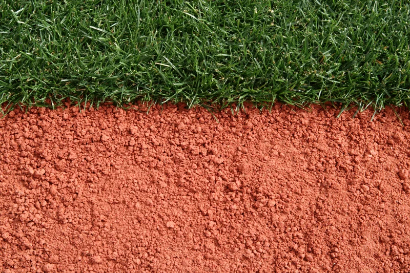 Baseball field edge with red clay dirt and green grass border, overhead close-up view