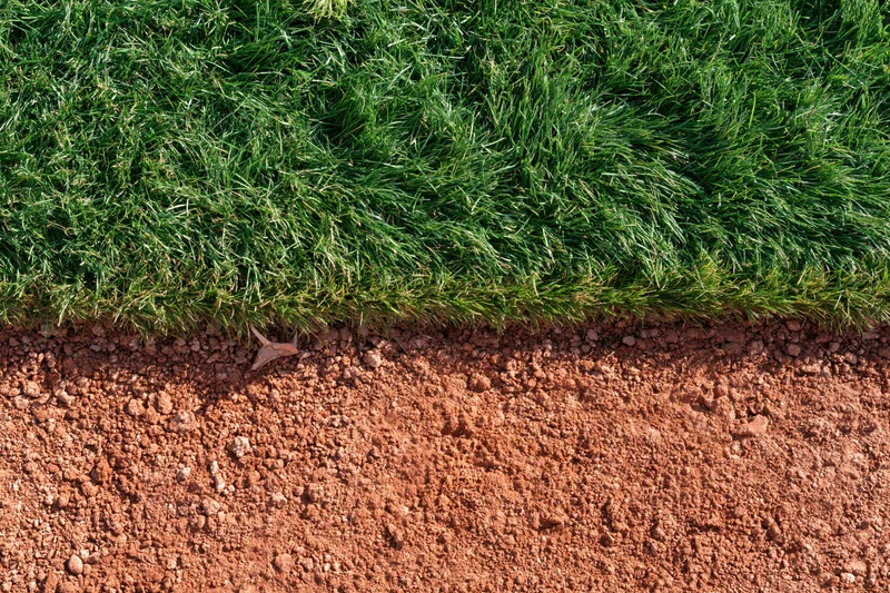 Close-up overhead view of baseball field edge showing green grass meeting red clay dirt
