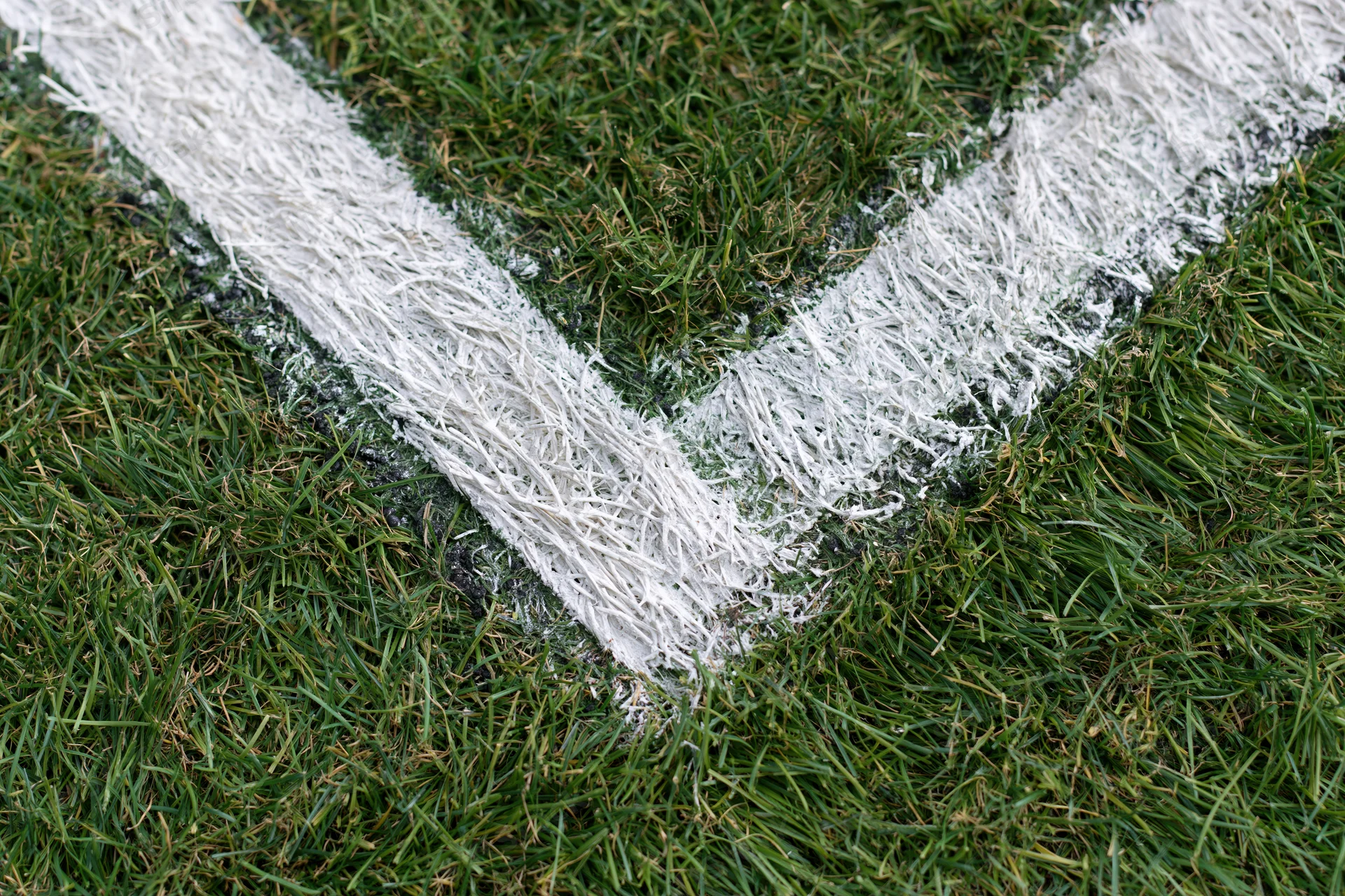 Close-up top-down view of white corner marking lines on a green grass soccer field