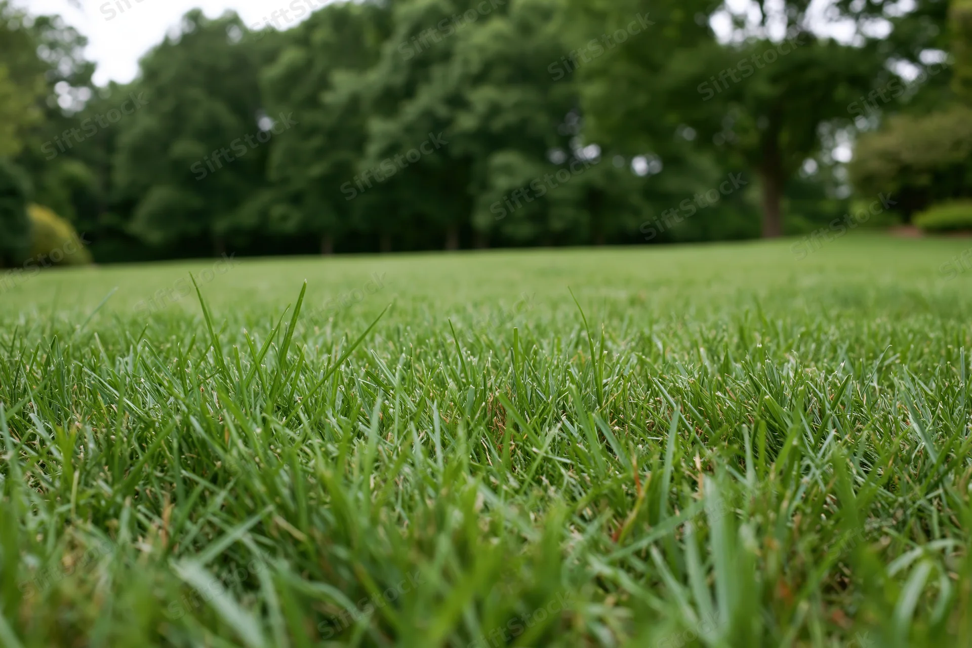 Freshly mowed grass lawn stretching into a tree-lined park from ground level