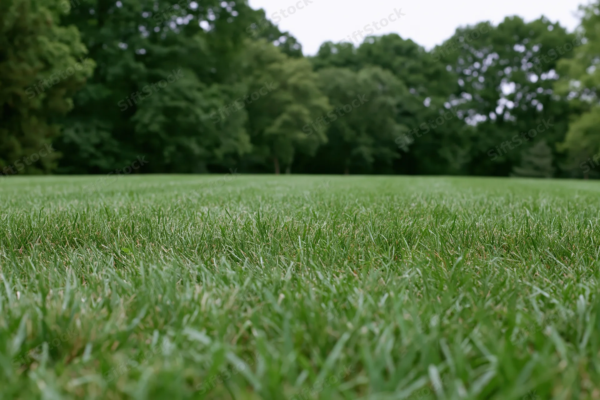 Freshly mowed grass lawn stretching toward a tree line from ground level