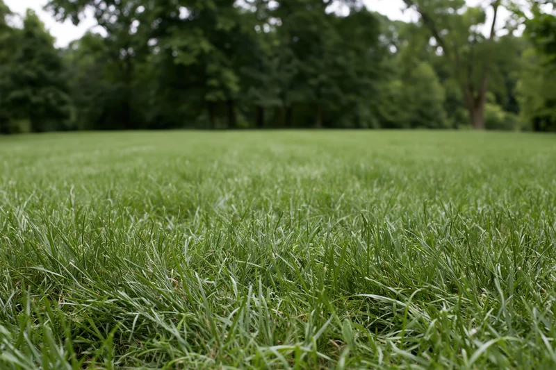 Freshly mowed grass lawn stretching into a tree-lined park from a low ground-level perspective