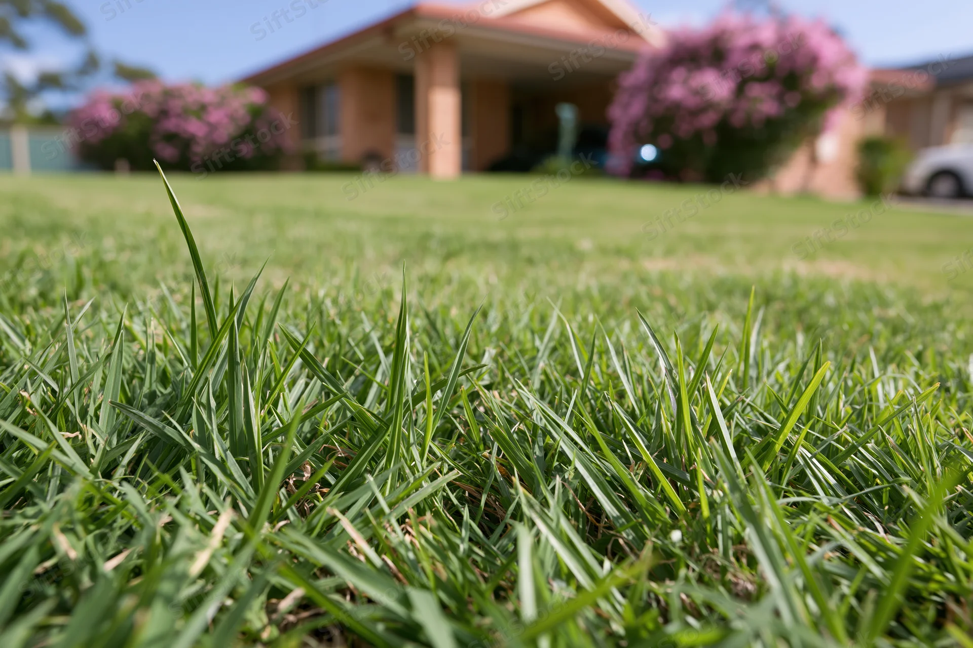 Close ground-level view of freshly mowed grass in a suburban front yard with a house and flowering shrubs in the background