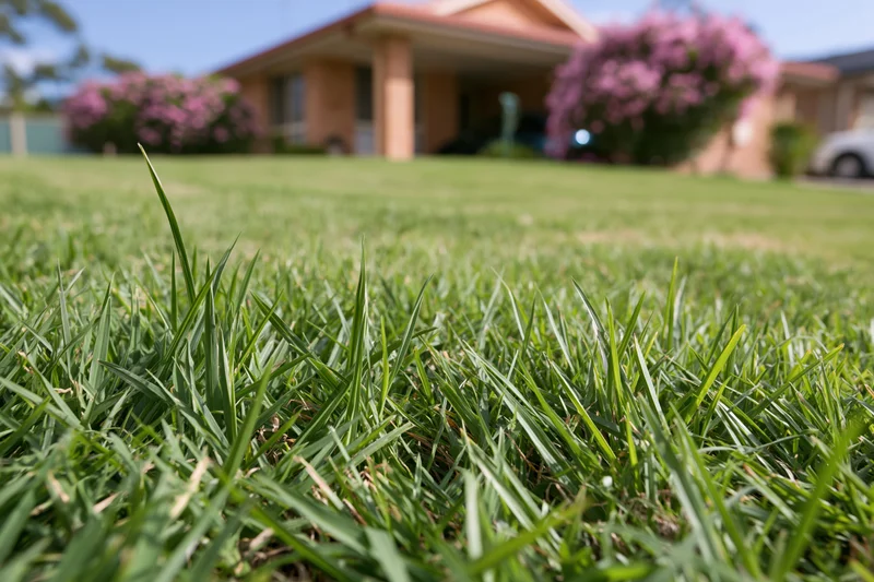 Close ground-level view of freshly mowed grass in a suburban front yard with a house and flowering shrubs in the background