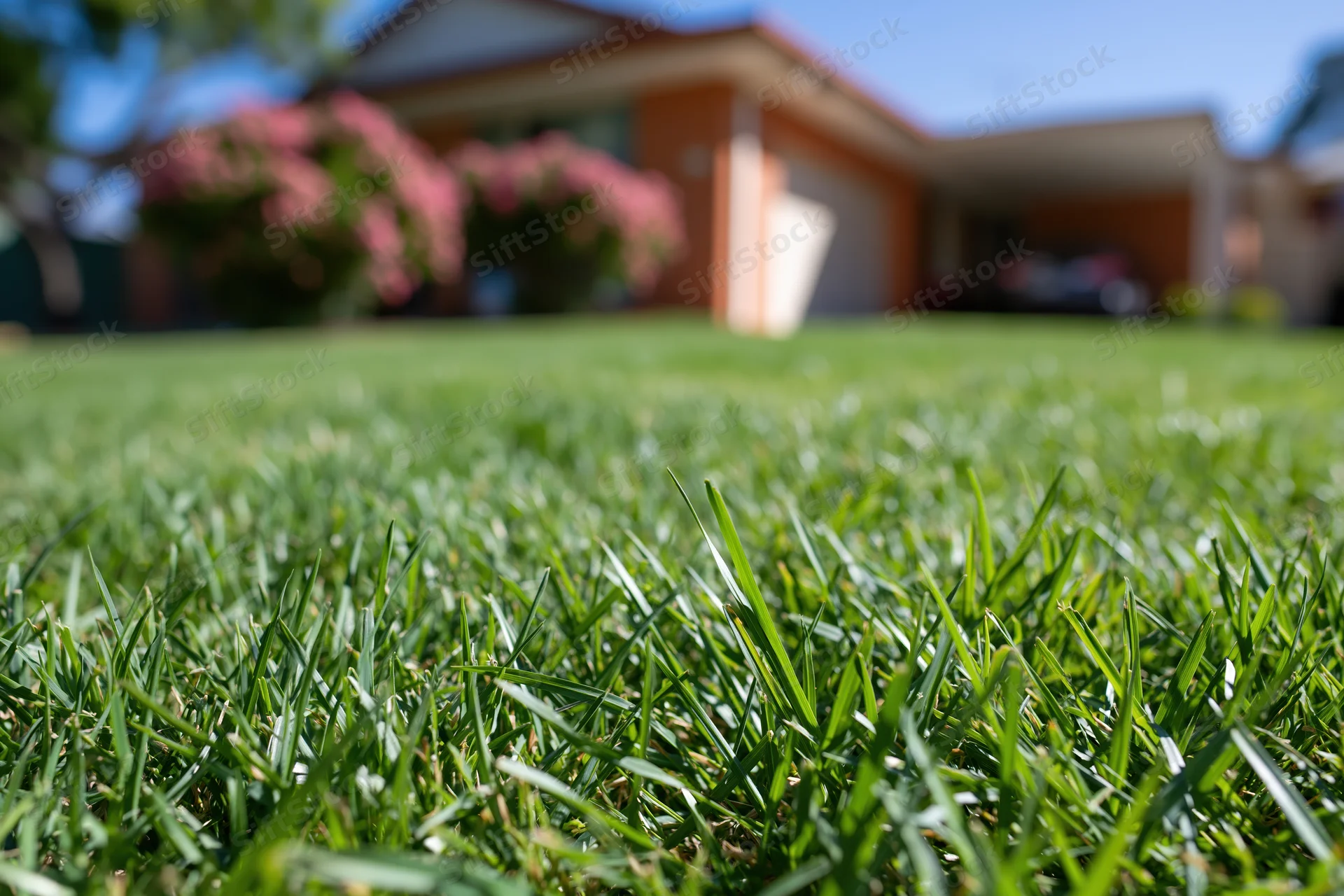 Close ground-level view of a freshly mowed residential lawn in front of a suburban house with pink flowering shrubs and a garage in the background