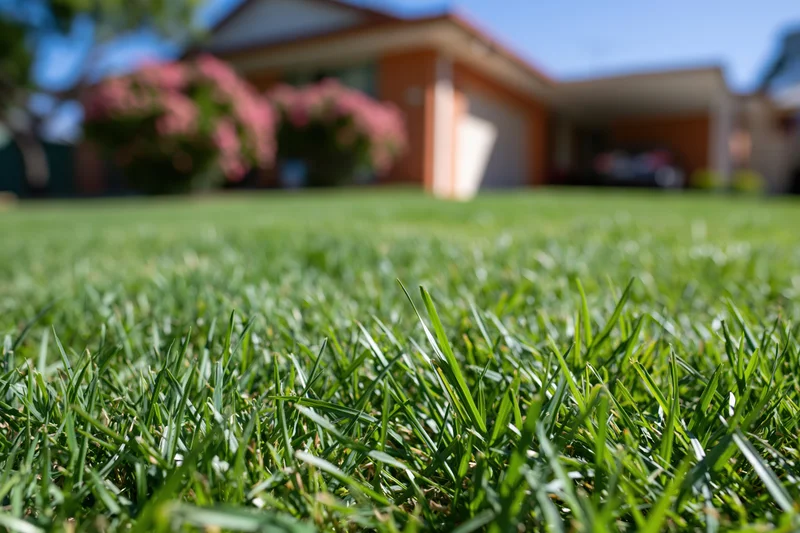Close ground-level view of a freshly mowed residential lawn in front of a suburban house with pink flowering shrubs and a garage in the background