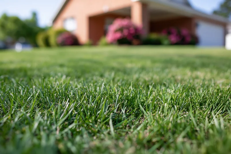 Close ground-level view of a freshly mowed residential lawn in front of a suburban house with pink flowering shrubs