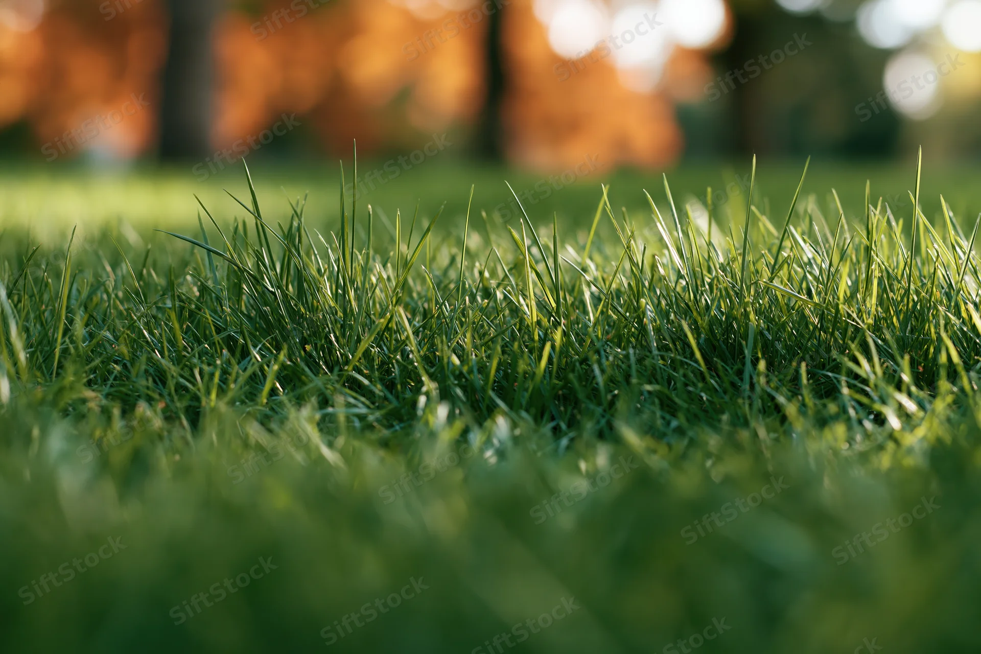 Close ground-level view of freshly cut green lawn grass in a park setting with blurred autumn trees in the background