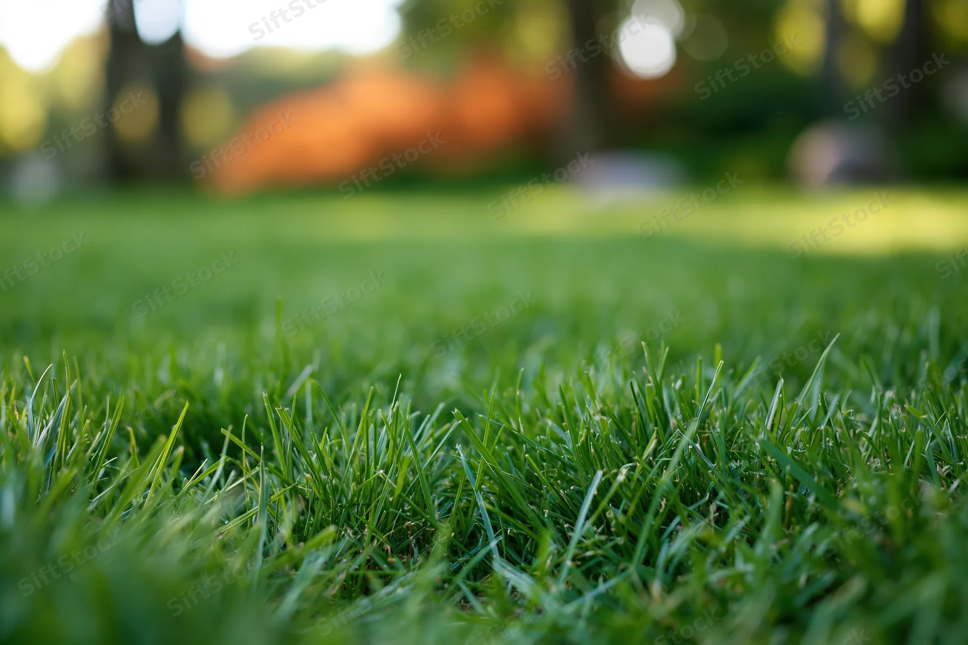 Close ground-level view of freshly cut green lawn grass in a park setting with blurred background