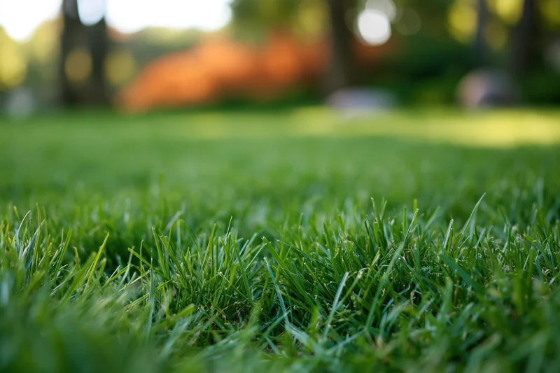 Close ground-level view of freshly cut green lawn grass in a park setting with blurred background