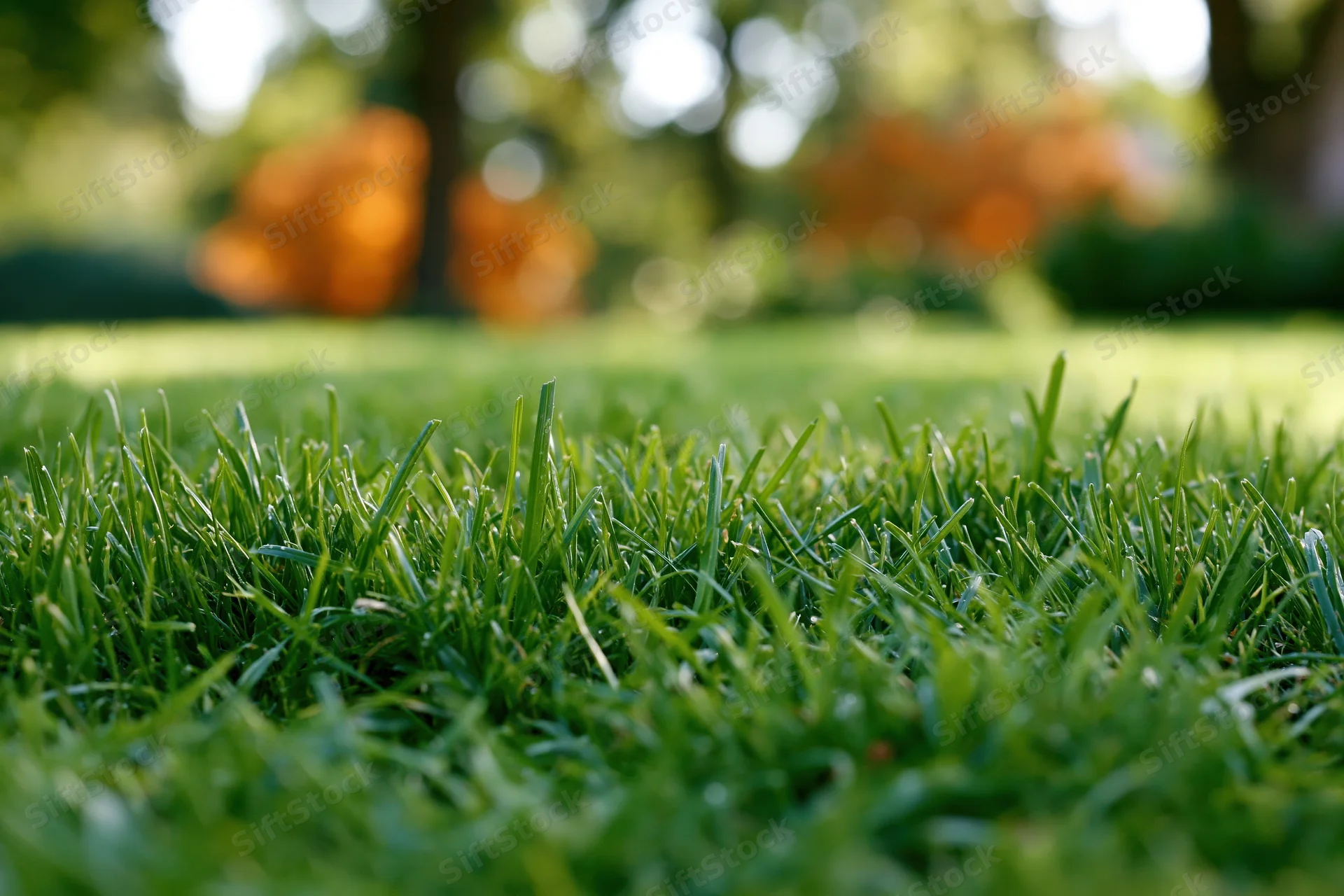 Close ground-level view of freshly cut green lawn grass with blurred trees in background