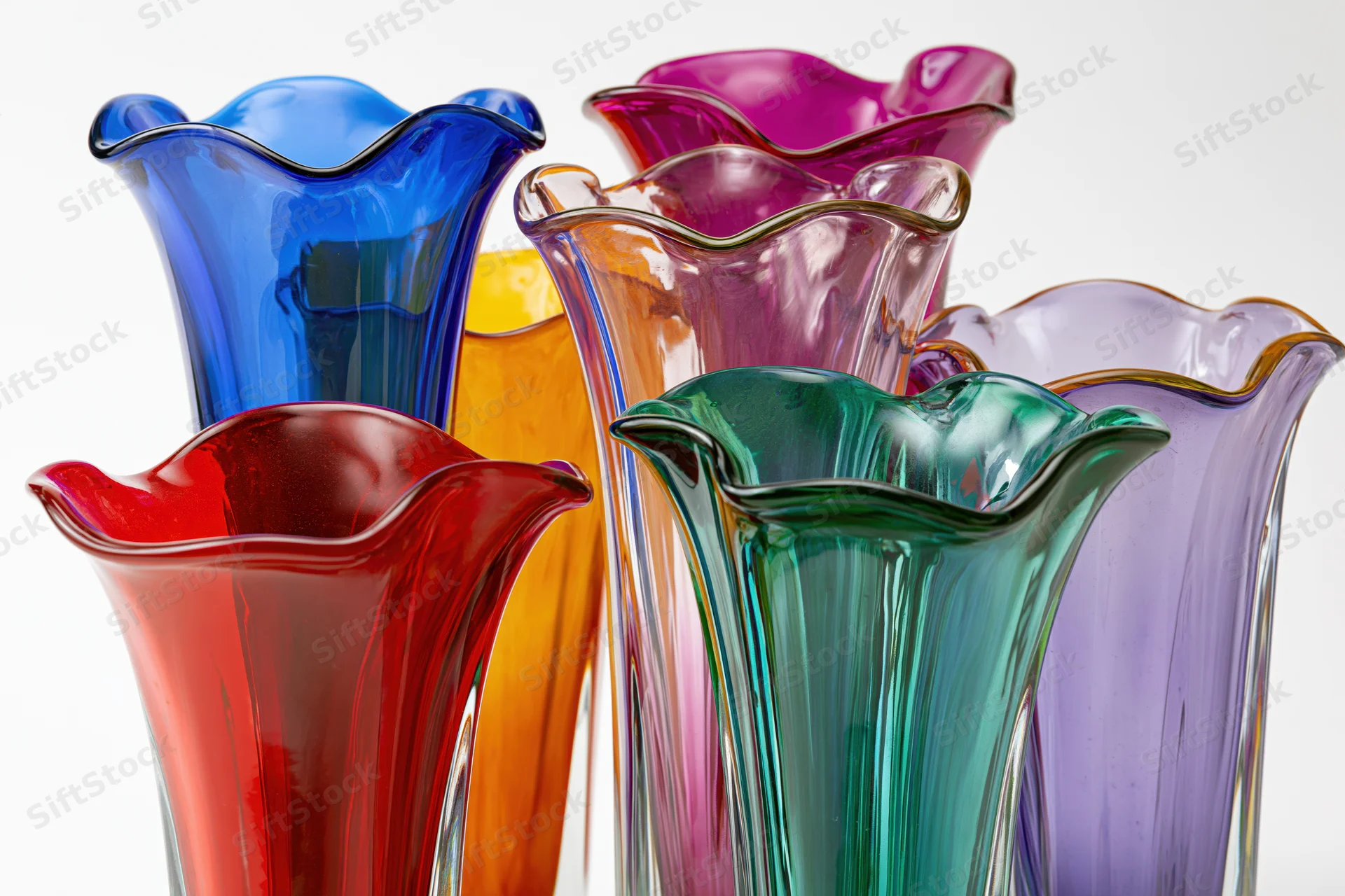 Collection of midcentury murano art glass vases with flared rims arranged together on white background