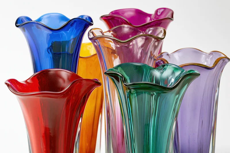 Collection of midcentury murano art glass vases with flared rims arranged together on white background