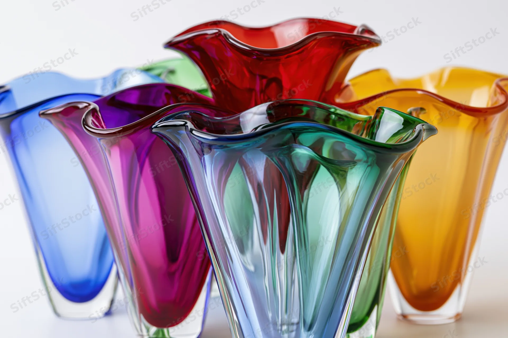 Collection of midcentury murano art glass vases with flared rims arranged in a row on a white surface