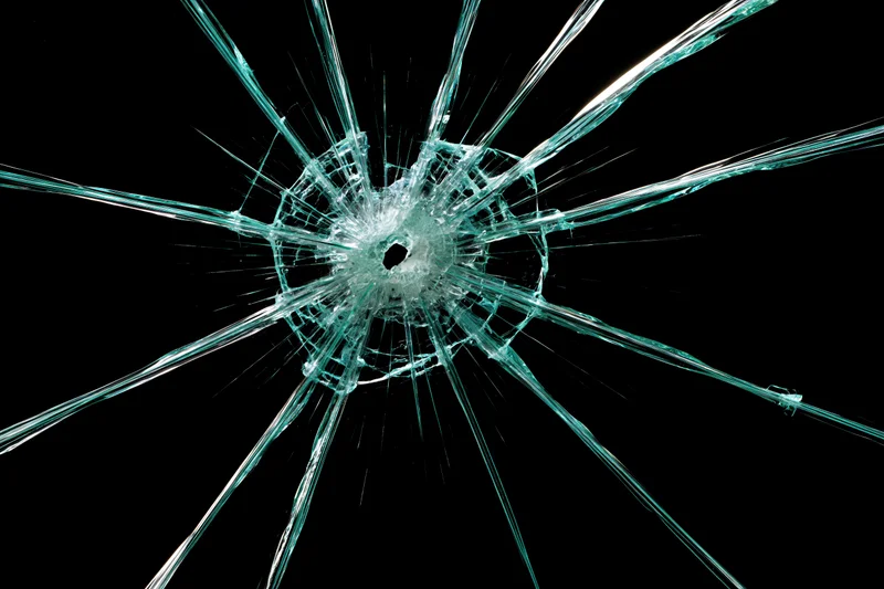 Cracked glass panel with a central impact point radiating fractures against black background