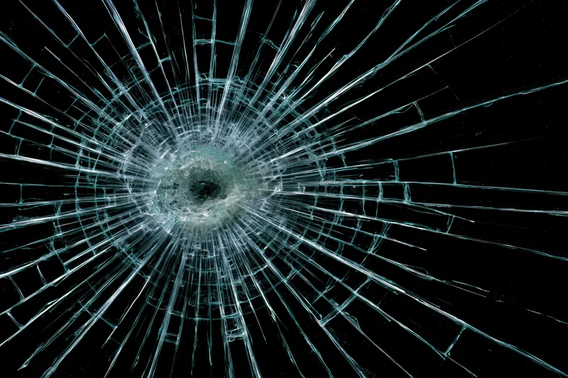 Cracked glass panel with radial fractures radiating from central impact point against black background