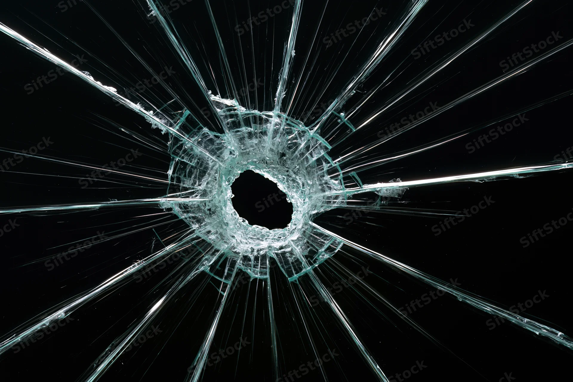 Cracked glass panel with central hole and radiating fractures against black background